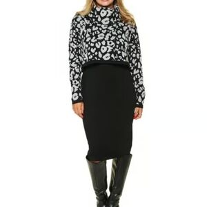 Nina Leonard Long Sleeve Black and Gray Patterned Dress